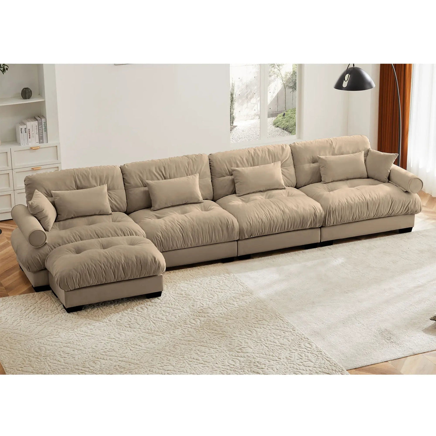 Modern Sectional Sofa With Ottoman, Round Bolster Armrests, Waist And Throw Pillows by Unique Piece Furniture