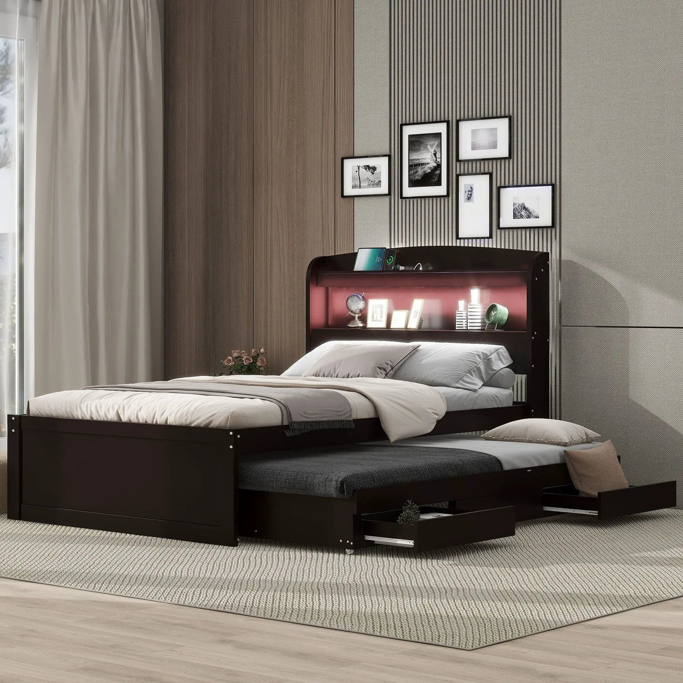 Platform Bed With LED Headboard, Charging Station, Trundle And 2 Drawers by Unique Piece Furniture