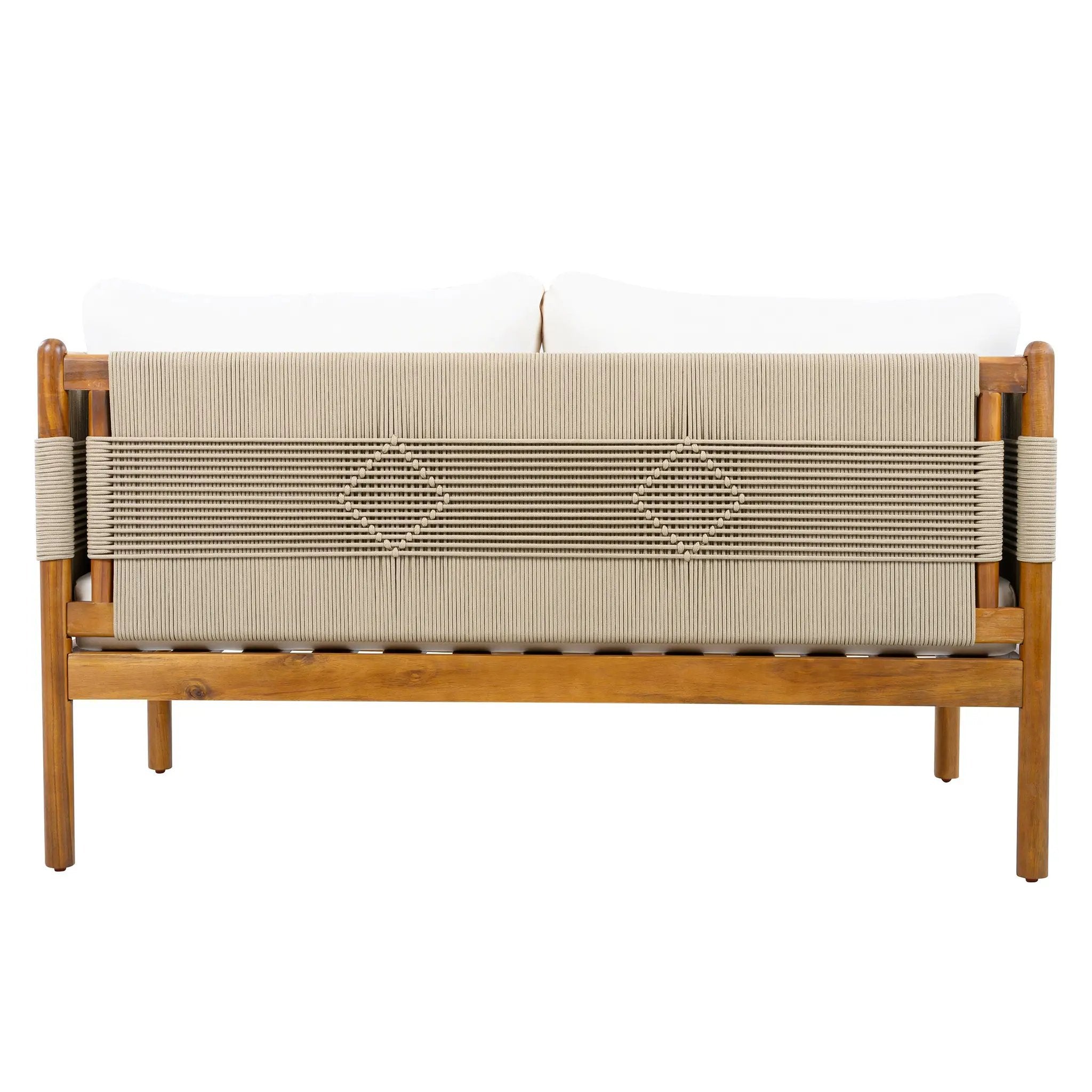 Outdoor Acacia Wood Loveseat with Diamond Rope Weave & Cushions, Teak Finish by HouseOfZazla