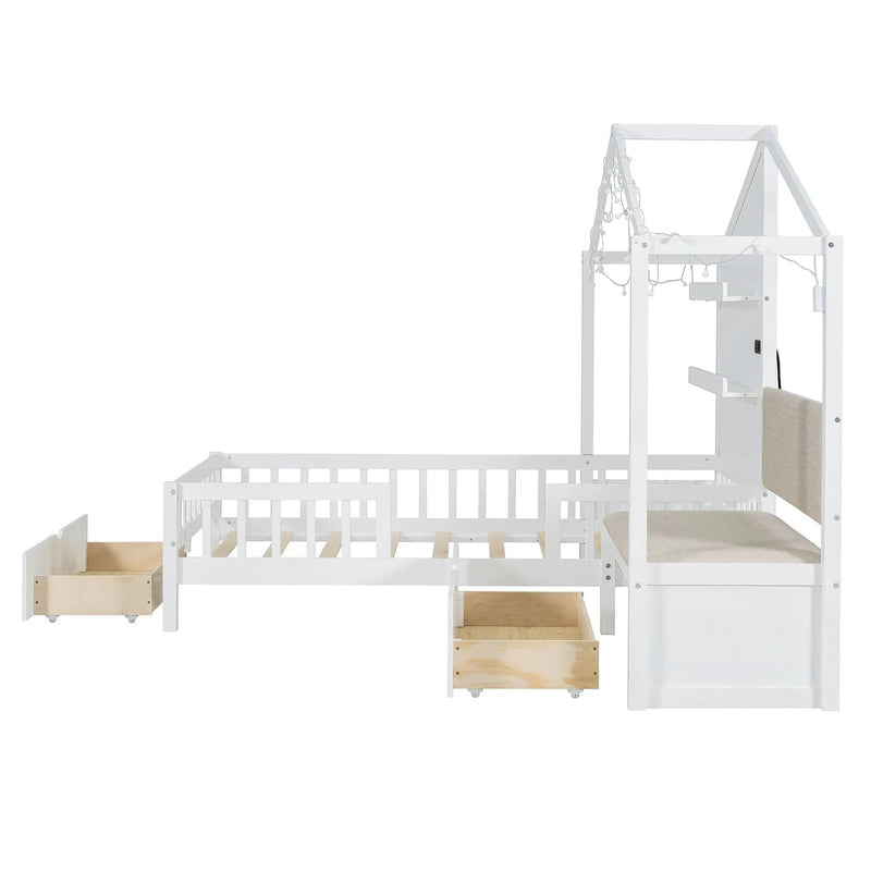 House Bed With Upholstered Sofa, Wireless Charging Station, Shelves And 2 Drawers