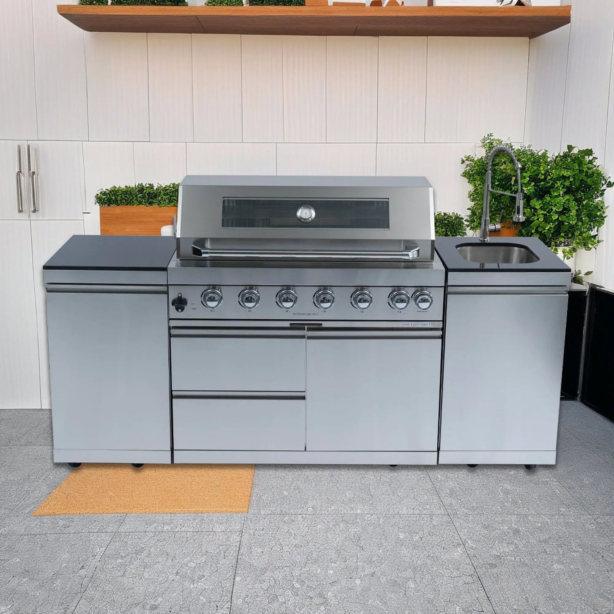 82" 6-Burner 85000 BTU Silver Outdoor Kitchen Island Grill + Storage Cabinets & Drawers & Sink/Faucet by Chery Industrial