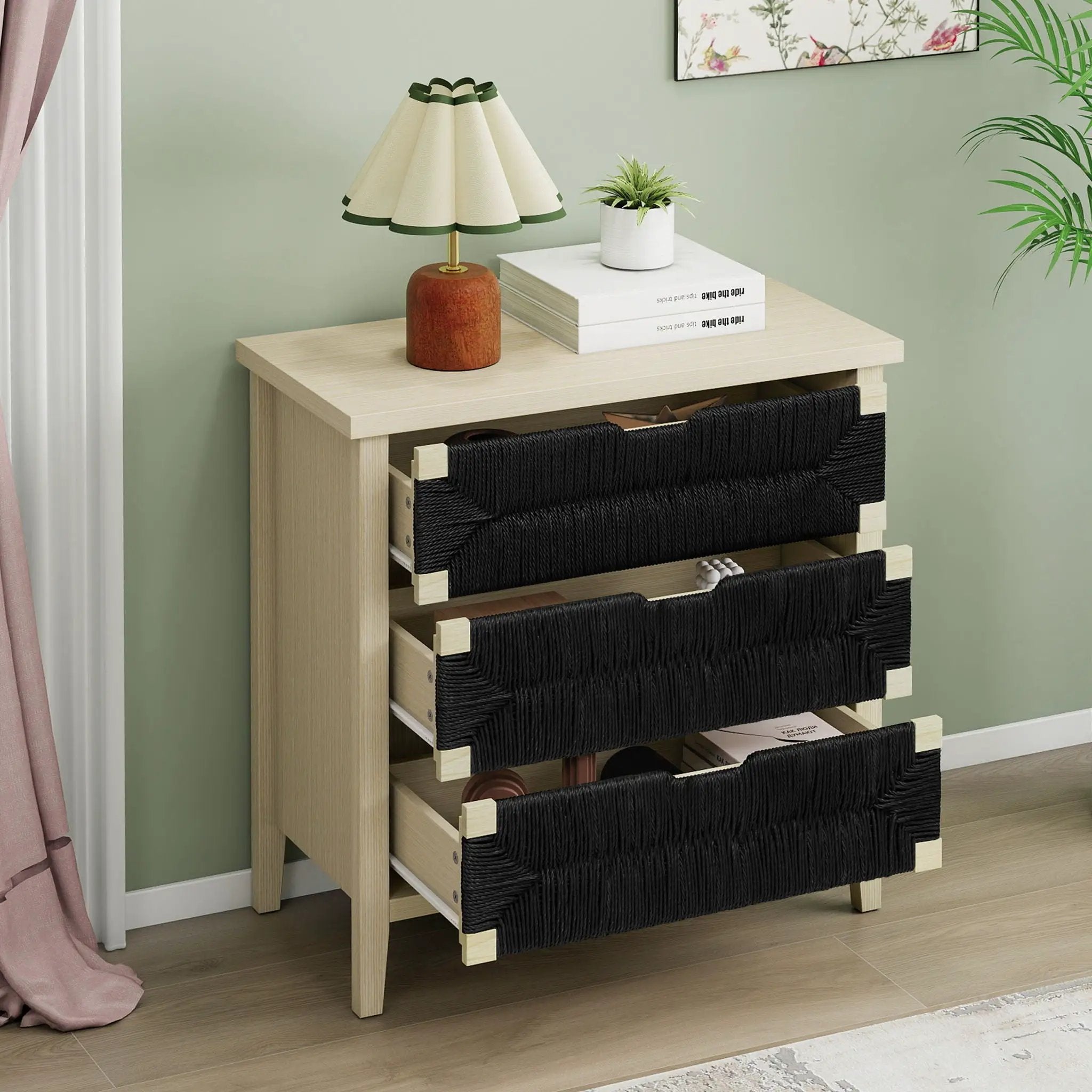 3 Drawer Buffet Sideboard With Adjustable Shelves, Storage Cabinet With Natural Seaweed Decor Doors For Living Room Kitchen Entryway - Natural by Unique Piece Furniture