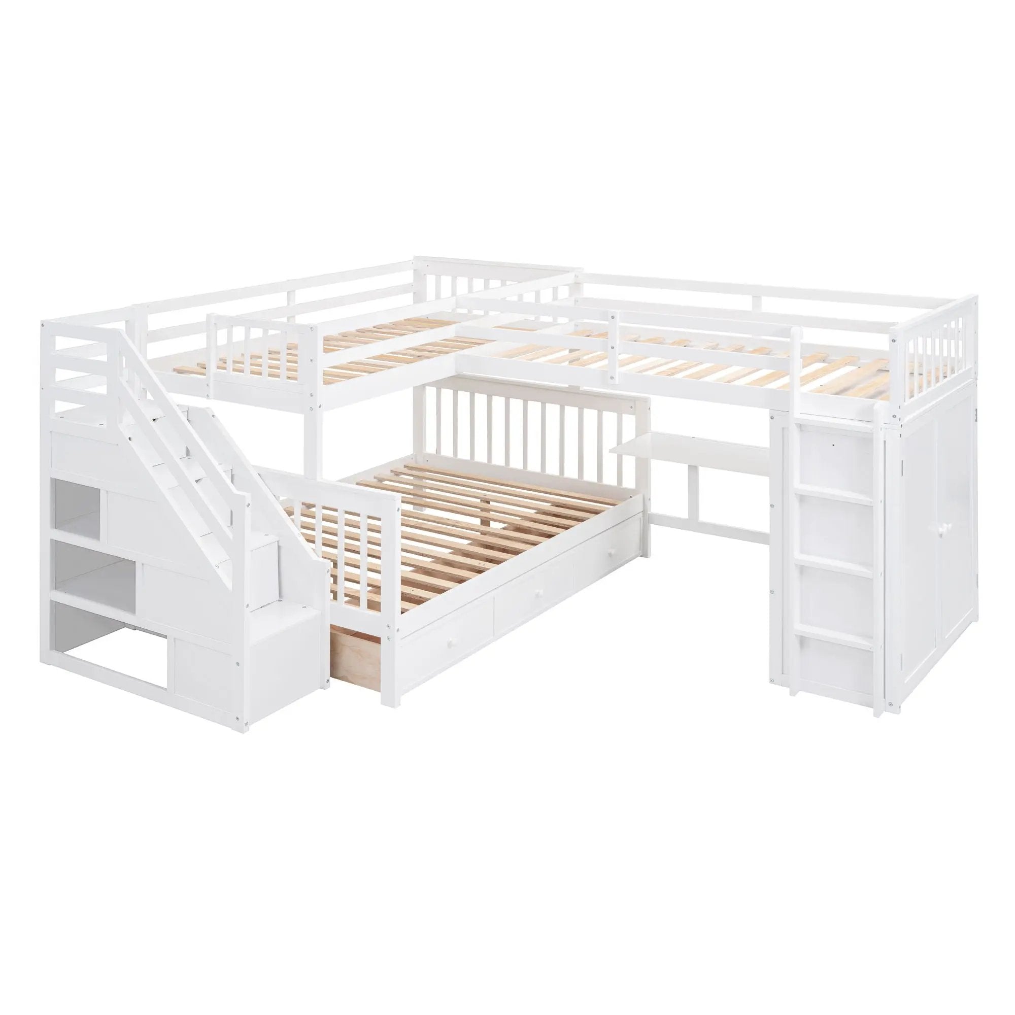 L Shaped Bunk Bed With 3 Drawers, Portable Desk And Wardrobe