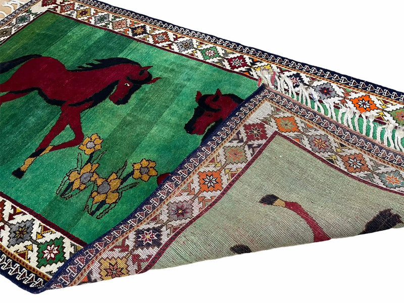 4 X 7 Handmade Rug Zagros Quality Wool Pictorial Horses Green Butterfly Colorful by Jewel Rugs