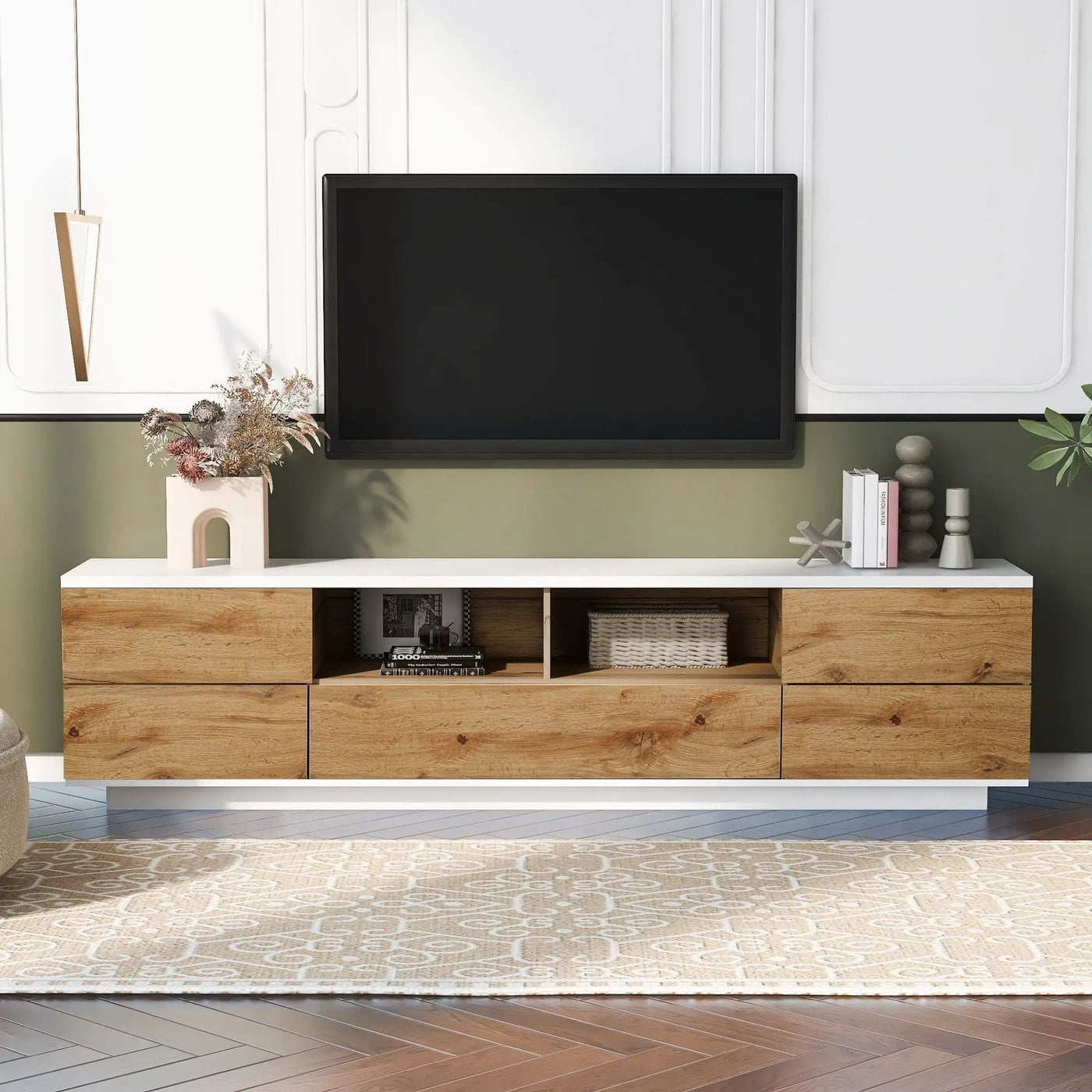 TV Stand Entertainment Center with Deep Drawers, Cable Management & Soft Closing Hinges by HouseOfZazla