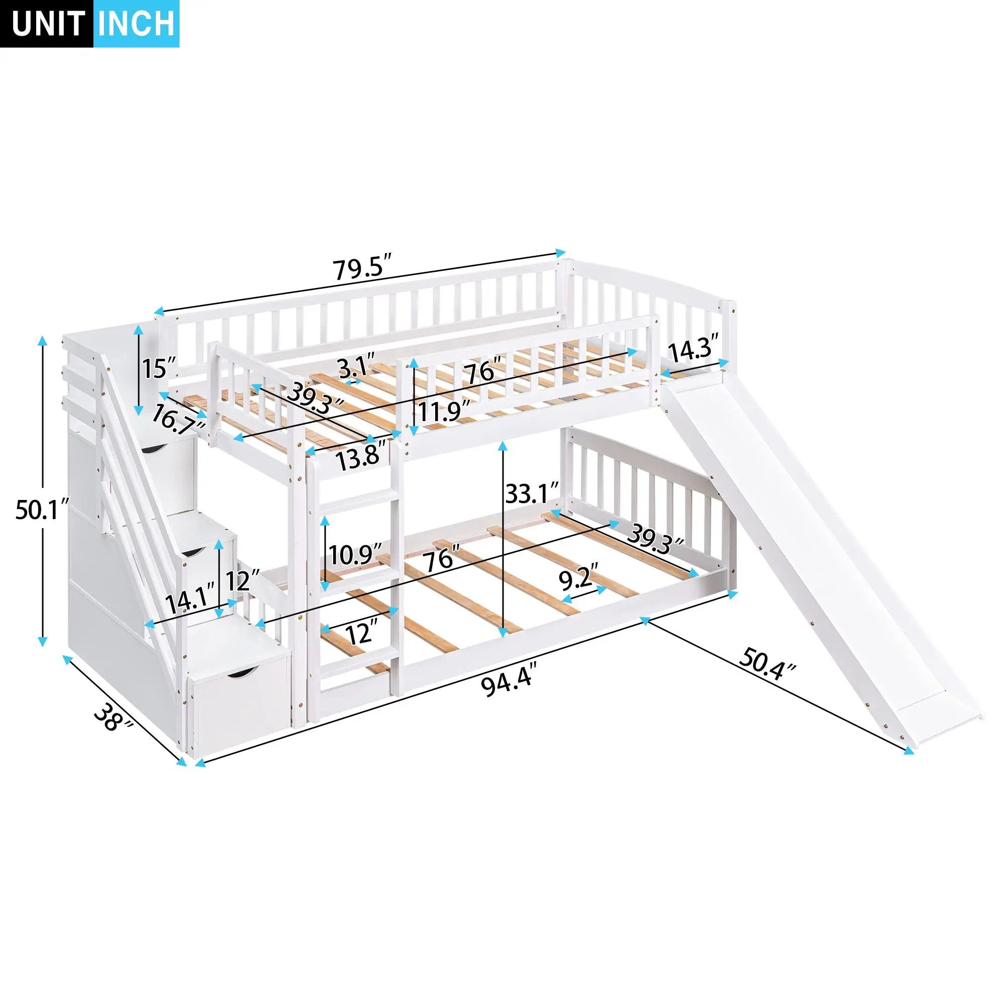 Twin Over Twin Stairway Bunk Bed With Two Drawers And Slide by Unique Piece Furniture