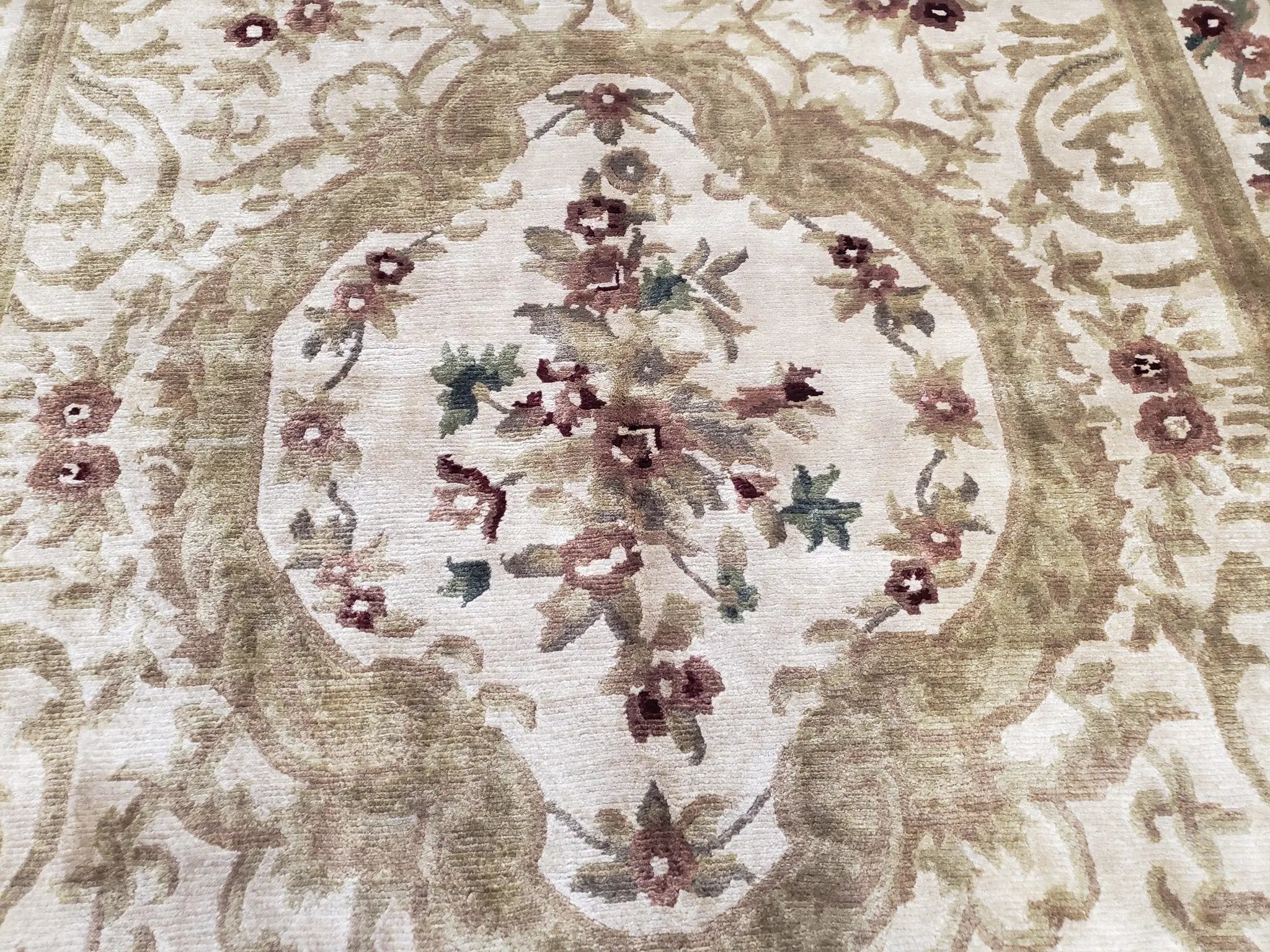 Vintage Nepali Tibetan Aubusson Rug 6x9, Wool Hand-Knotted Cream Beige Carpet, Leaves & Floral Pattern 6 x 9 Soft Area Rug Home Office Rug by Jewel Rugs
