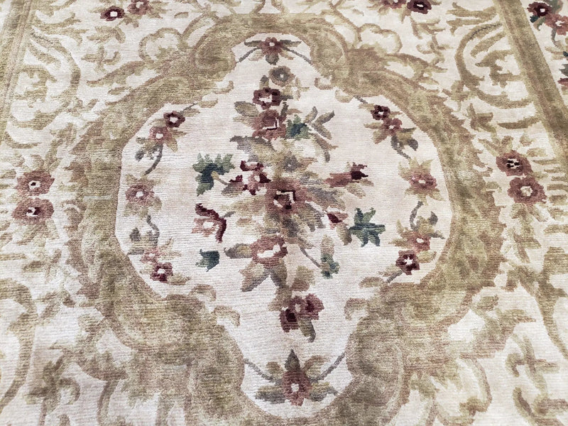 Vintage Nepali Tibetan Aubusson Rug 6x9, Wool Hand-Knotted Cream Beige Carpet, Leaves & Floral Pattern 6 x 9 Soft Area Rug Home Office Rug by Jewel Rugs