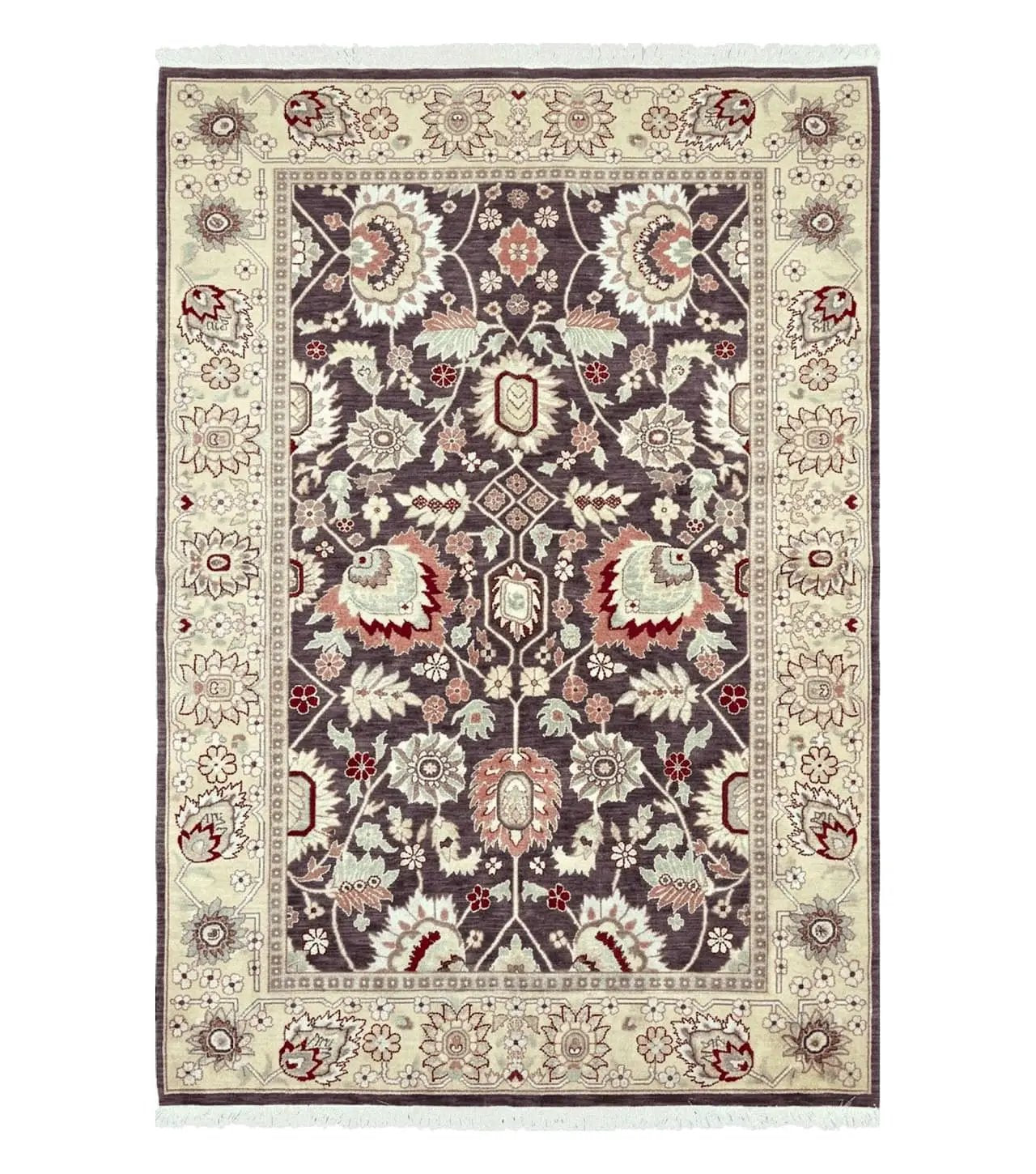 Vintage Indo Mahal Area Rug 6x9, Indian Persian Oriental Carpet 6 x 9, Puce Eggplant Tan Beige Rug, Hand-Knotted, Large Floral Design Wool by Jewel Rugs