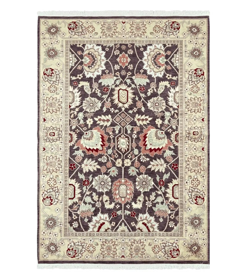 Vintage Indo Mahal Area Rug 6x9, Indian Persian Oriental Carpet 6 x 9, Puce Eggplant Tan Beige Rug, Hand-Knotted, Large Floral Design Wool by Jewel Rugs