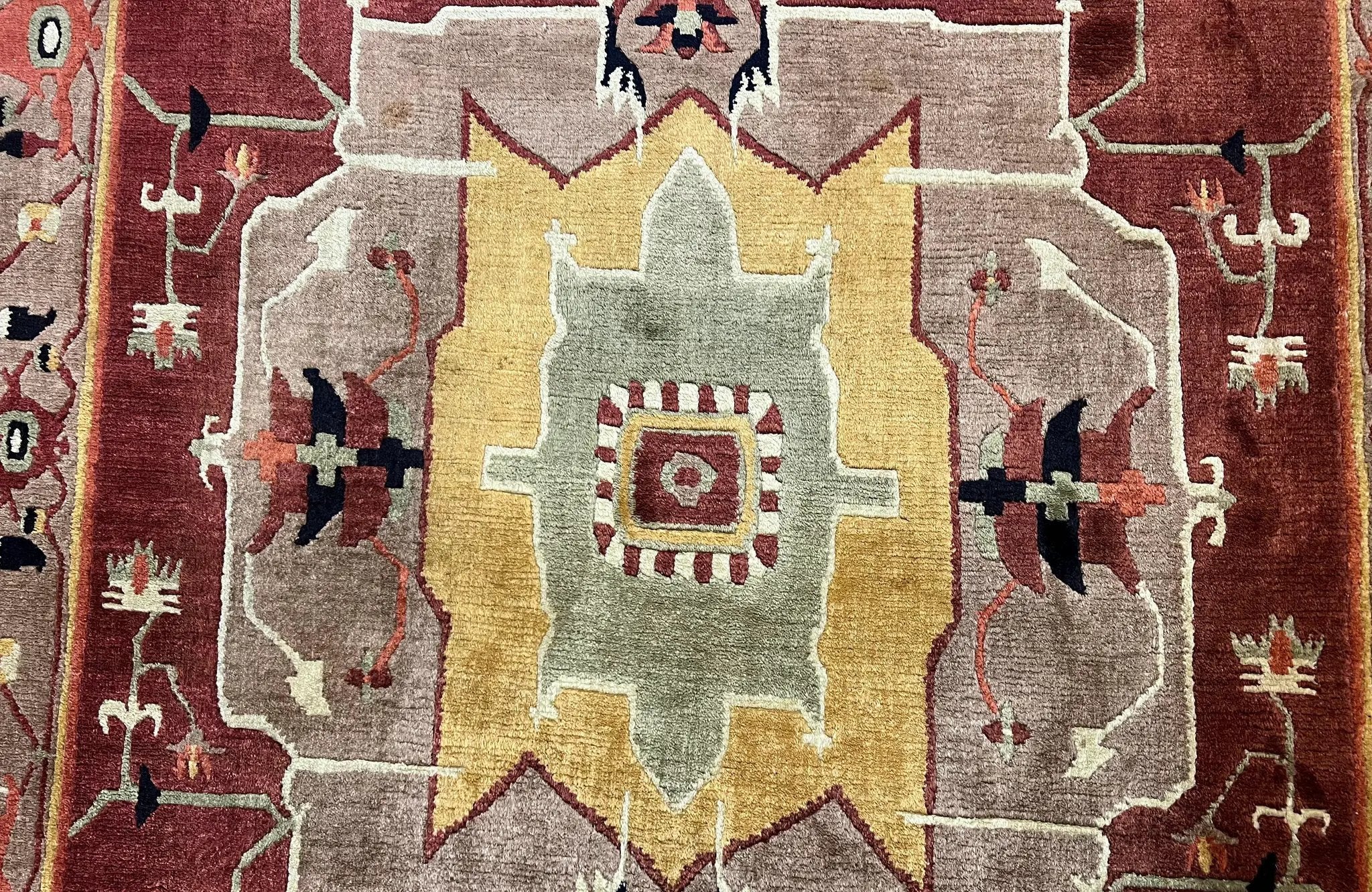 Tibetan Rug 7x10, Geometric Medallion, Red Green Taupe, Hand Knotted, Soft Wool Area Rug, Contemporary Carpet, Handmade Nepali Rug 7 x 10 ft by Jewel Rugs