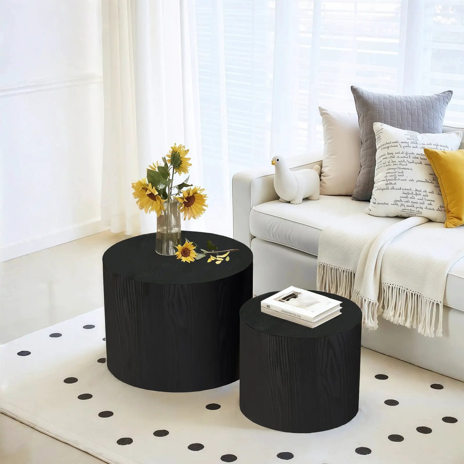 Nesting Coffee Table Set of 2, Modern Round Wood Side Tables by HouseOfZazla