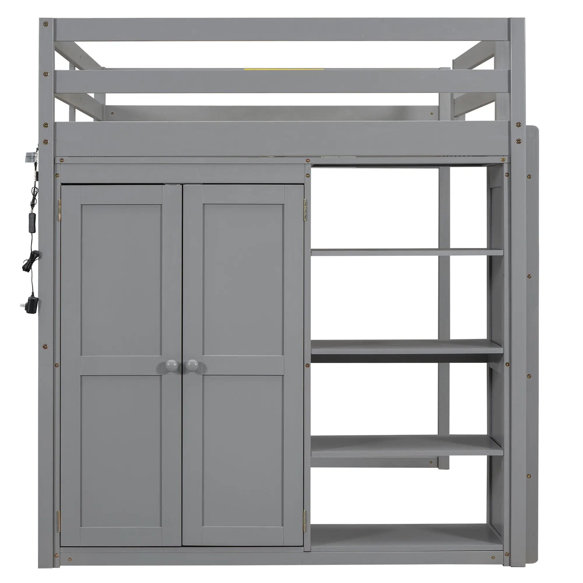 Loft Bed With Built In Wardrobe, Storage Shelves, And LED Light