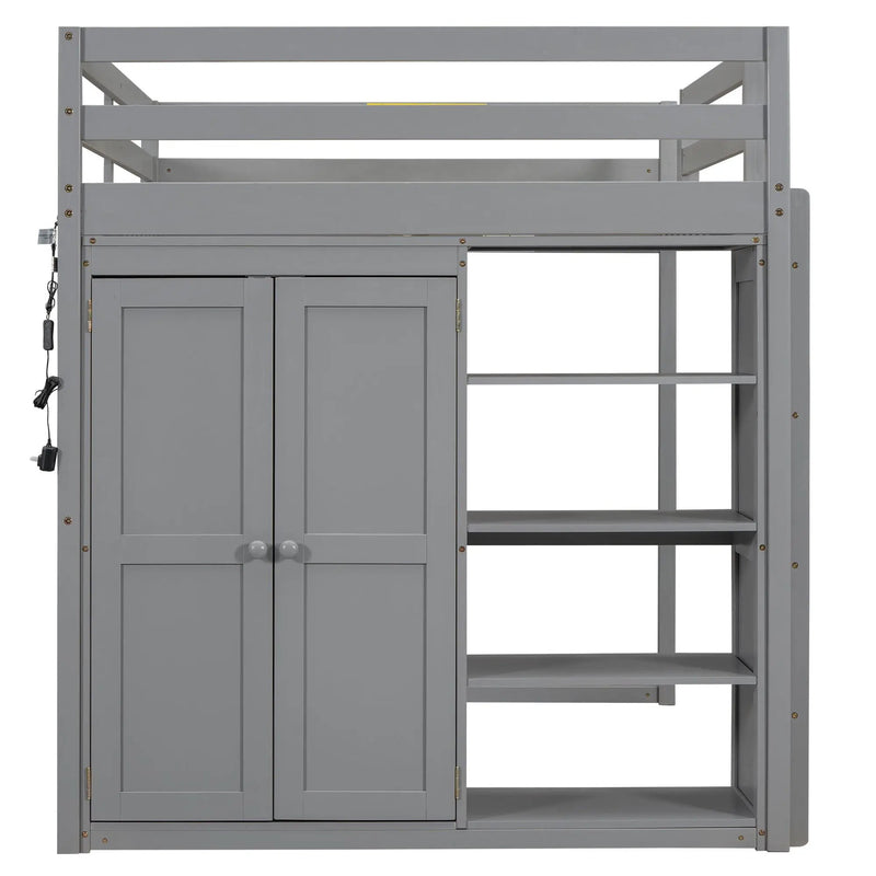 Loft Bed With Built In Wardrobe, Storage Shelves, And LED Light