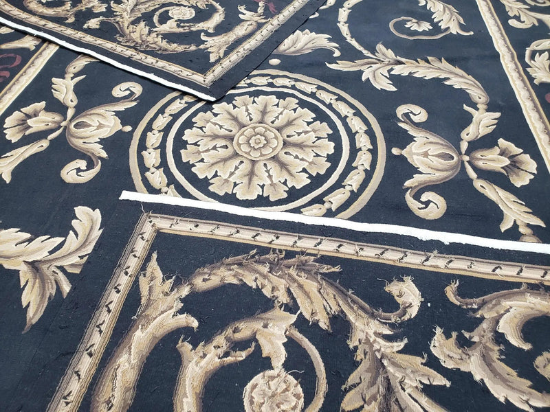 Black and Tan Aubusson Rug, 10 x 14 Aubusson Carpet, New Aubusson Rug, Elegant, Wool, Handmade Area Rug, Flatweave Rug, Large Aubusson Rug by Jewel Rugs