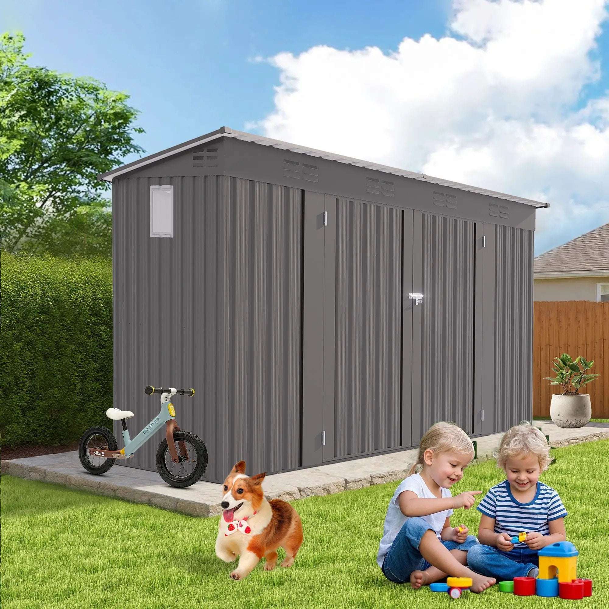 Outdoor Storage Shed, Tool House With Sloping Roof, 6 Vents And 2 Swing Doors For Backyard - Gray by HouseOfZazla