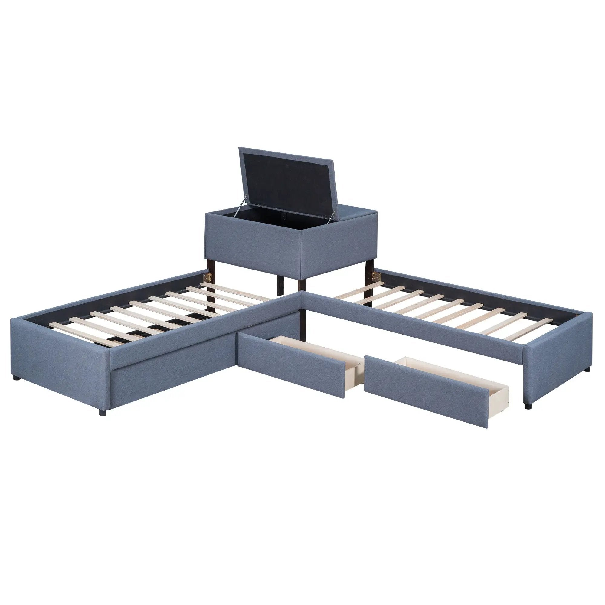 L Shaped Upholstered Platform Bed With Trundle And 2 Drawers Linked With Built In Desk by HouseOfZazla