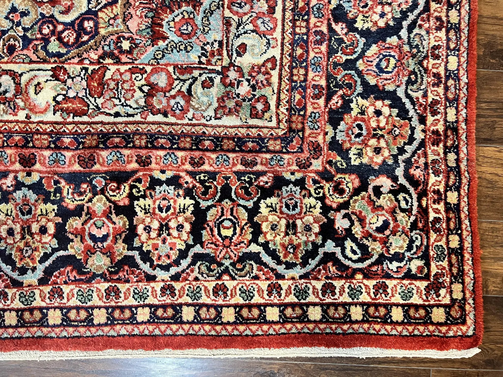 Persian Sarouk Rug 11x14, Semi Open Field, Large Antique Persian Wool Handmade Carpet, Red and Dark Blue, Floral by Jewel Rugs