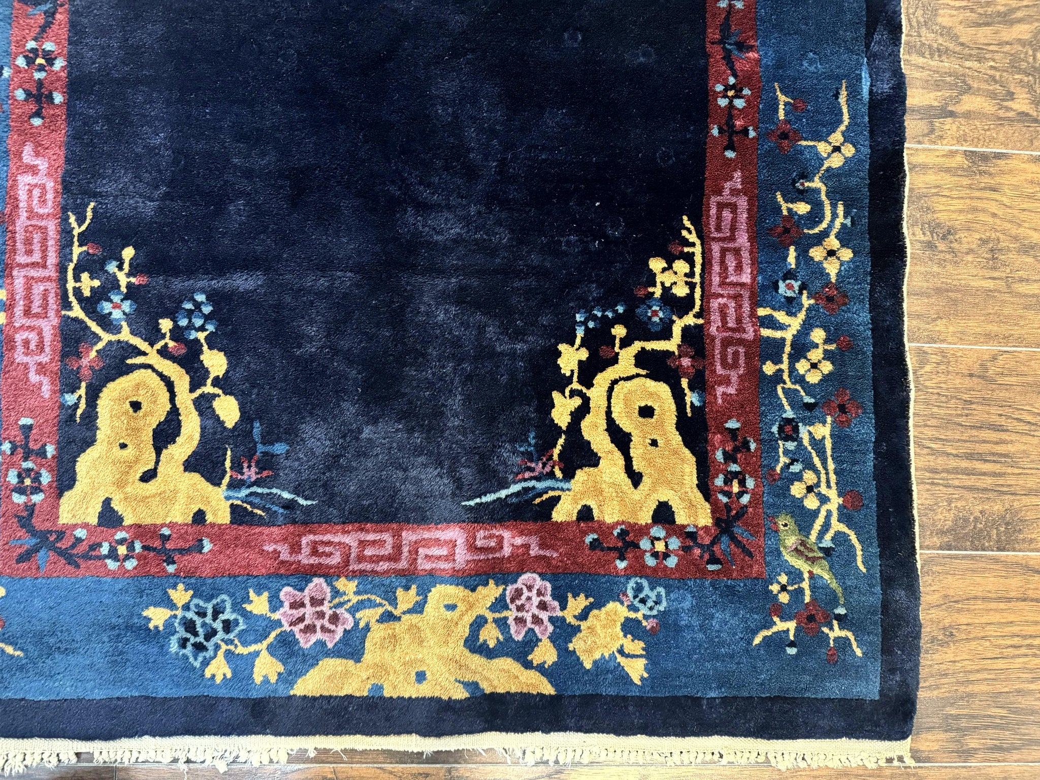 Antique Chinese Peking Rug 3x6, Dark Blue, Bird Motif, Handmade Wool Art Deco Asian Oriental Carpet, Pair B by Jewel Rugs