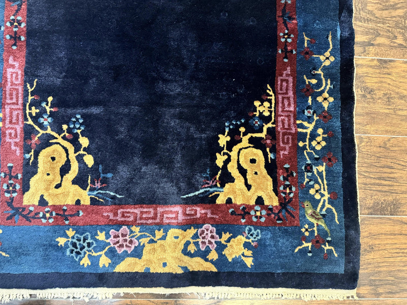 Antique Chinese Peking Rug 3x6, Dark Blue, Bird Motif, Handmade Wool Art Deco Asian Oriental Carpet, Pair B by Jewel Rugs