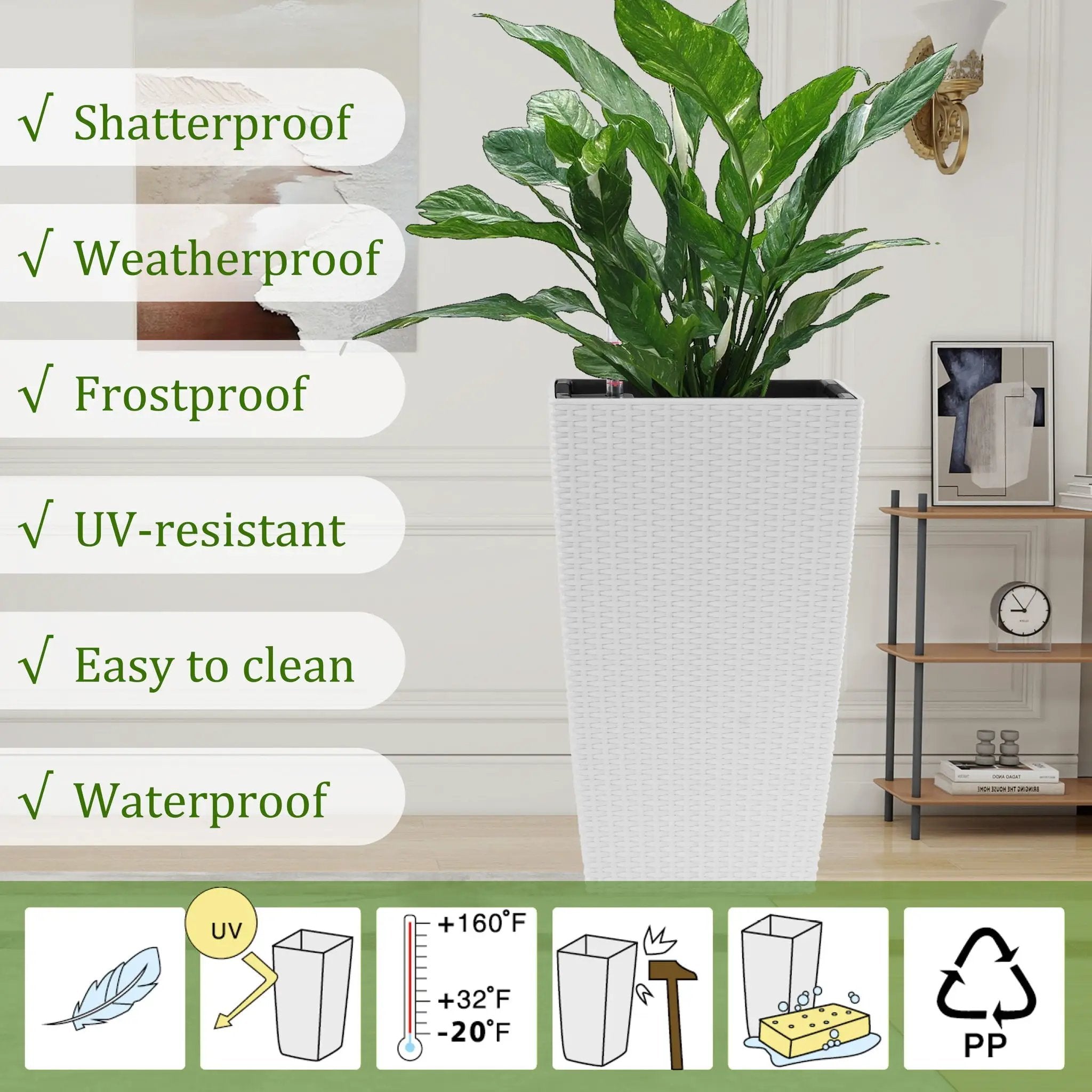 Square Large Planter With Automatic Watering System For Home And Garden (Set of 2) - White by Unique Piece Furniture