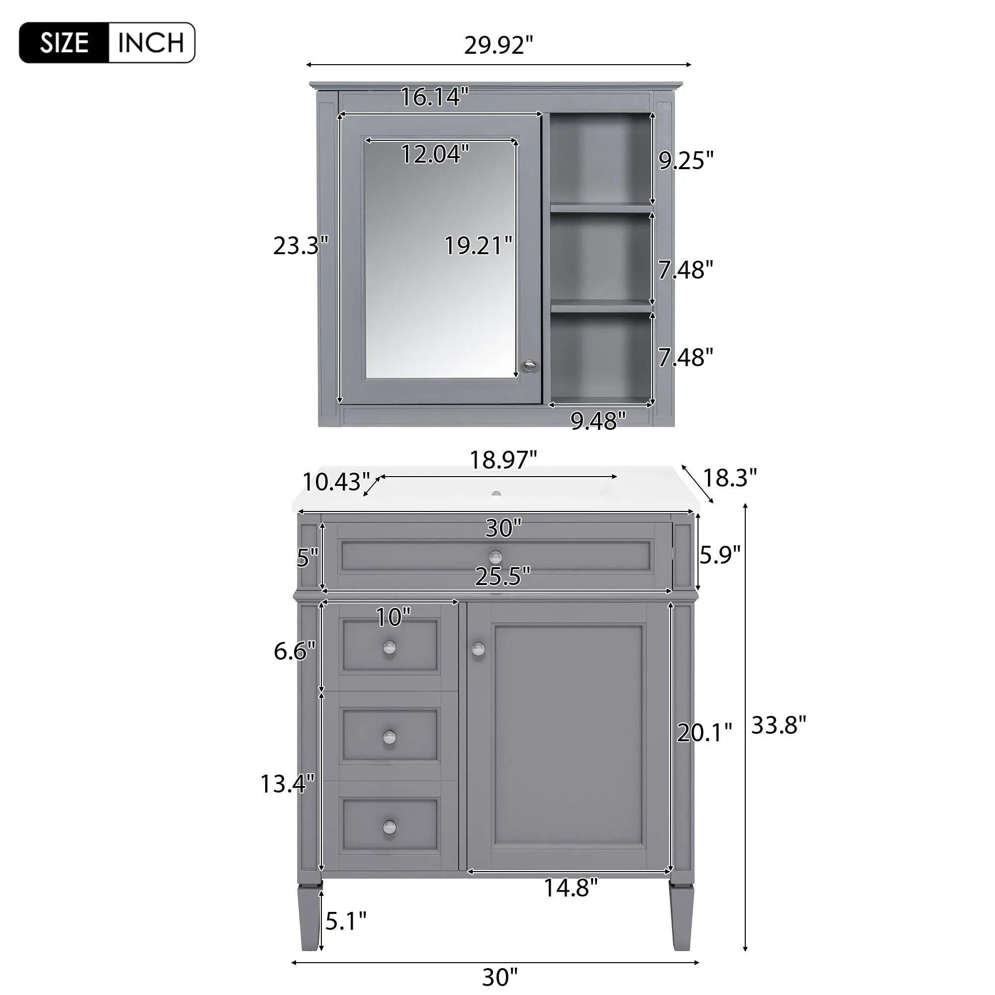 Bathroom Vanity With Medicine Cabinet, Royal Mirror Cabinet, Modern Bathroom Storage Cabinet With 2 Soft Closing Doors And 4 Drawers by Unique Piece Furniture
