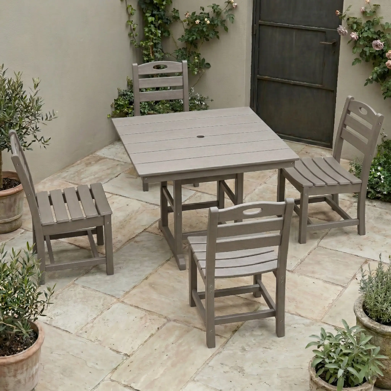 Antique Wood Color HDPE 5-Piece Outdoor Patio Dining Set with Square Table and 4 Armless Chairs, Umbrella Hole by HouseOfZazla
