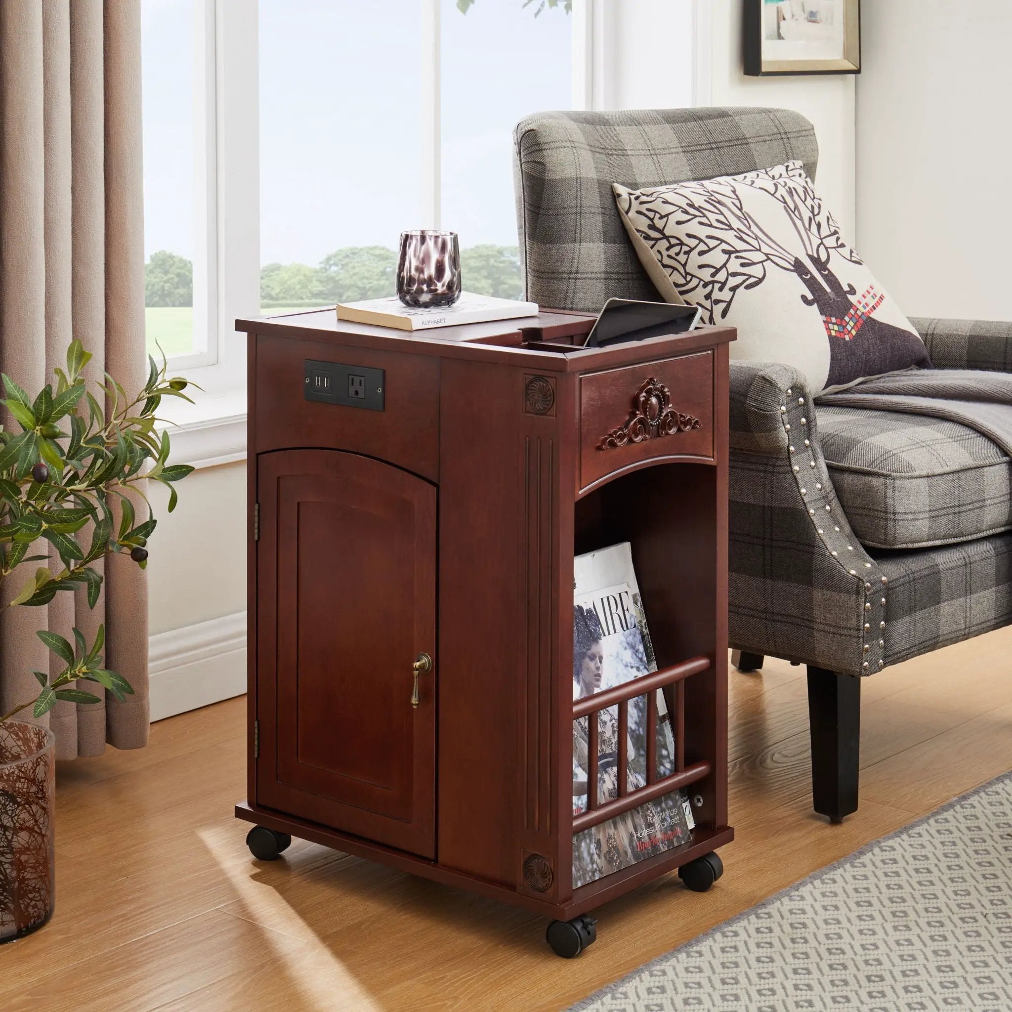 Traditional End Table With Charging Station, Narrow Side Table With USB Ports And Outlets - Red Walnut by Unique Piece Furniture