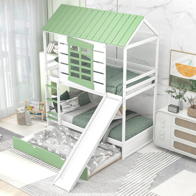 Twin Over Twin House Bunk Bed With Convertible Slide And Trundle - White by Unique Piece Furniture