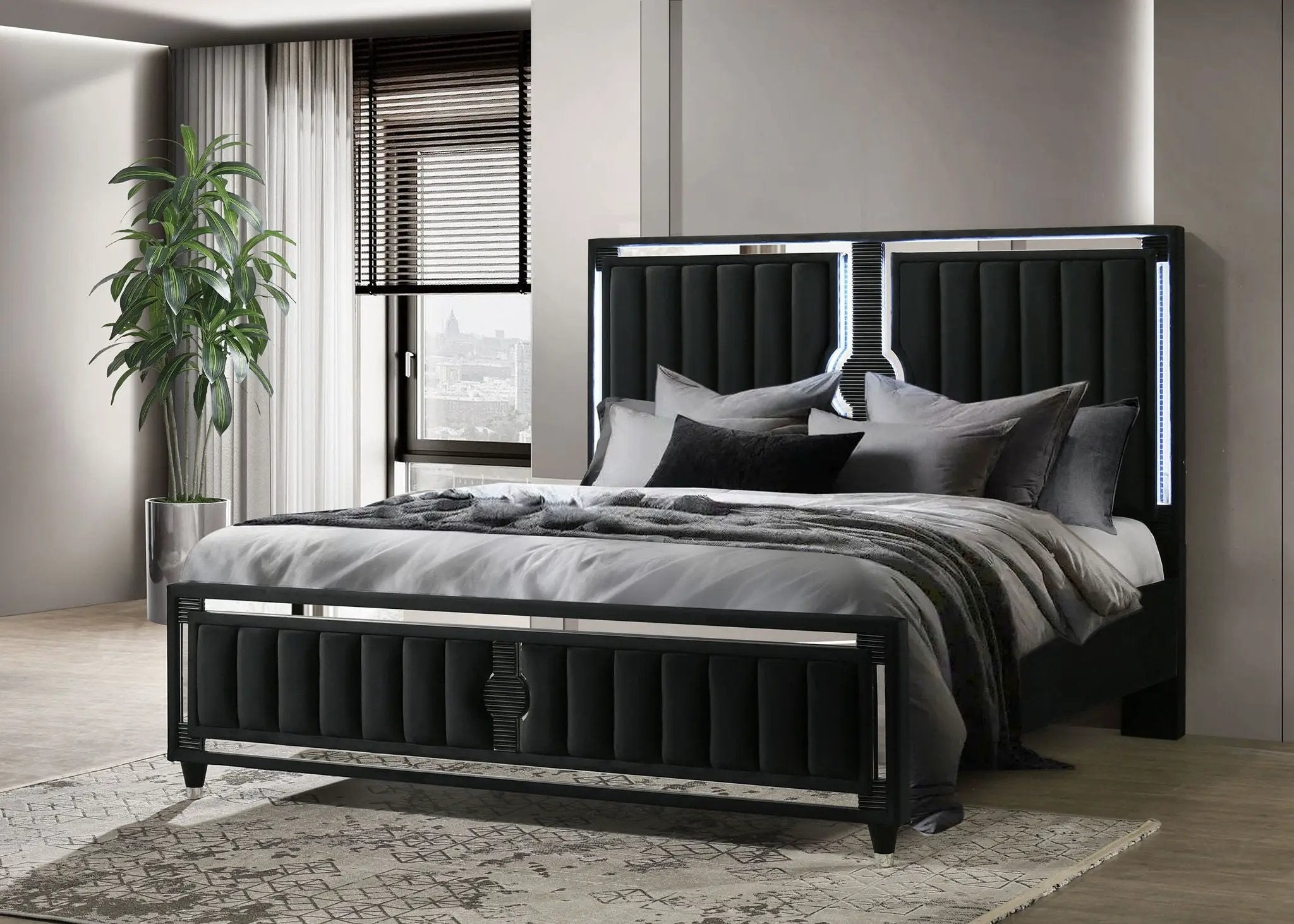 Ravenne Velvet Upholstered Eastern King LED Panel Bed Black by Unique Piece Furniture