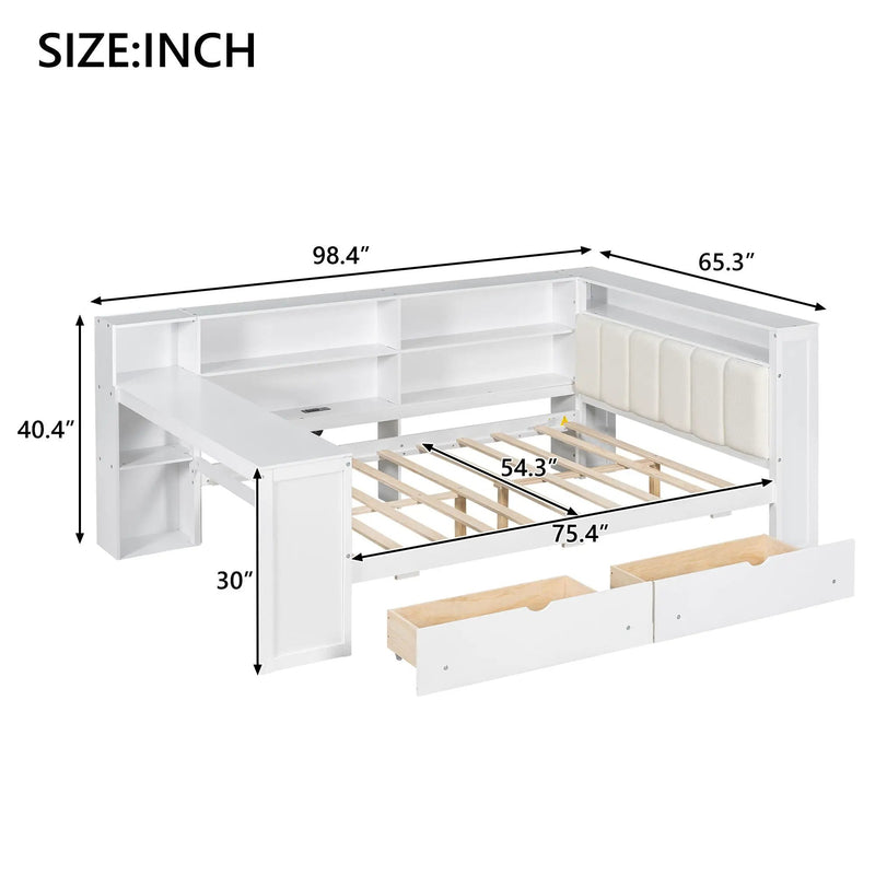 Platform Bed With Storage Shelves, Drawers, Charging Station, LED, Desk by Unique Piece Furniture