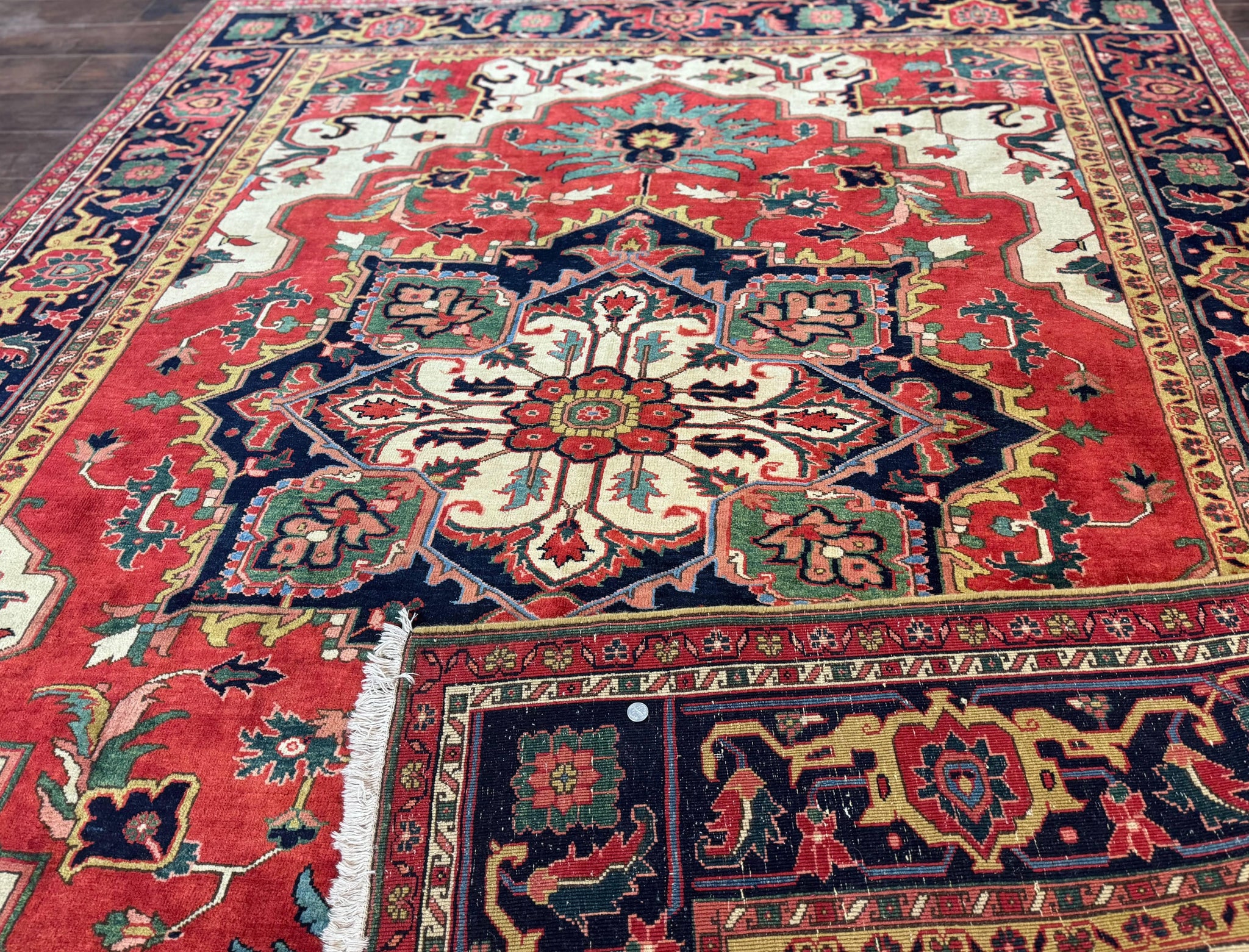 Persian Heriz Serapi Rug 8 x 10.6, Geometric Medallion, Great Colors, Rare, Red Navy Blue Ivory by Jewel Rugs