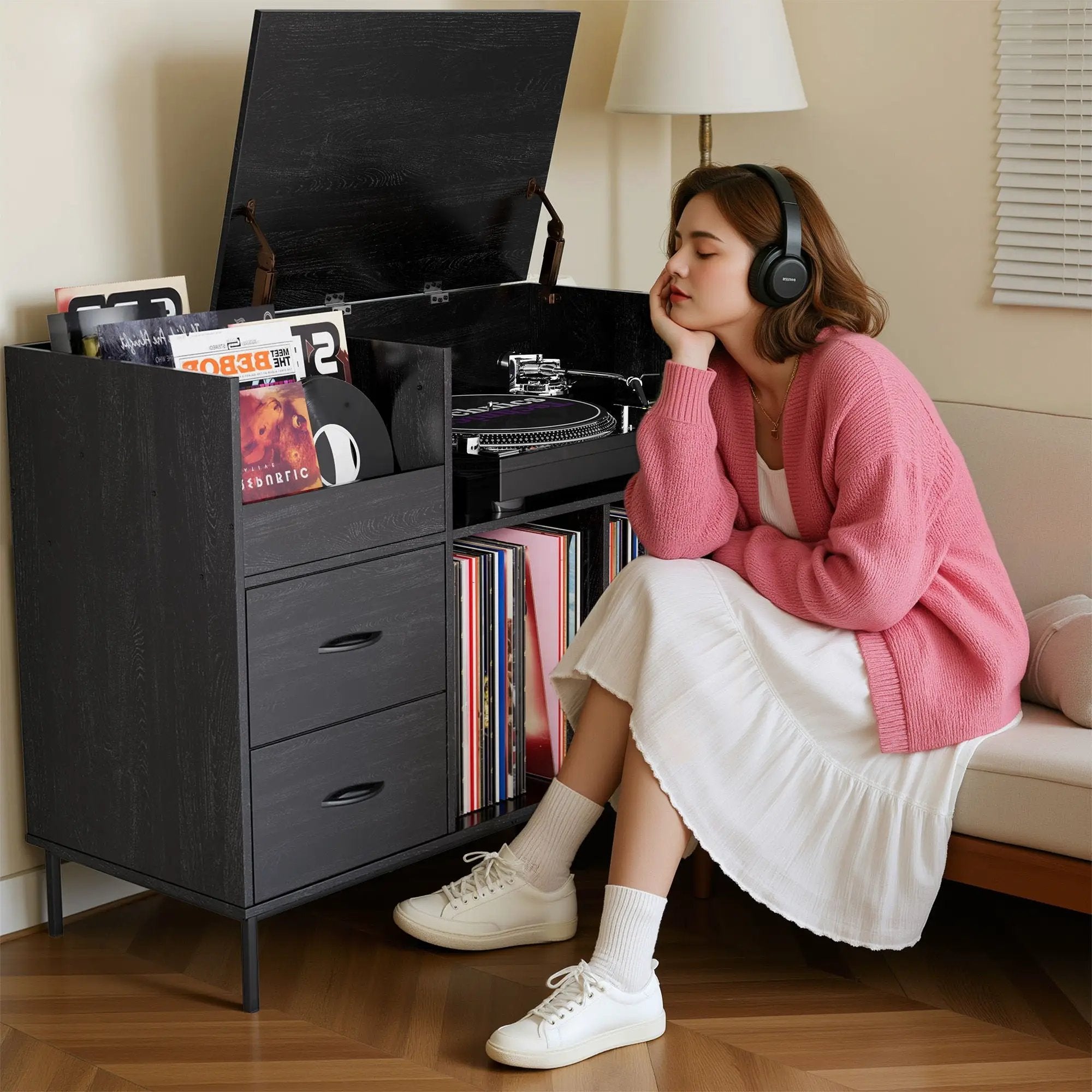 Eco-Friendly Vinyl Record Player Stand With Flip-Top Storage, Media Console With Dual Outlets And Dustproof Drawers by Unique Piece Furniture