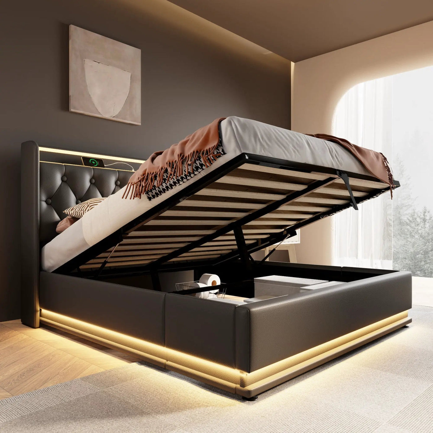 Upholstered Bed, 360 Surround LED Function, Remote Control, Hydraulic Storage Bed With USB, Type-C Charging (Without Mattress) by Unique Piece Furniture