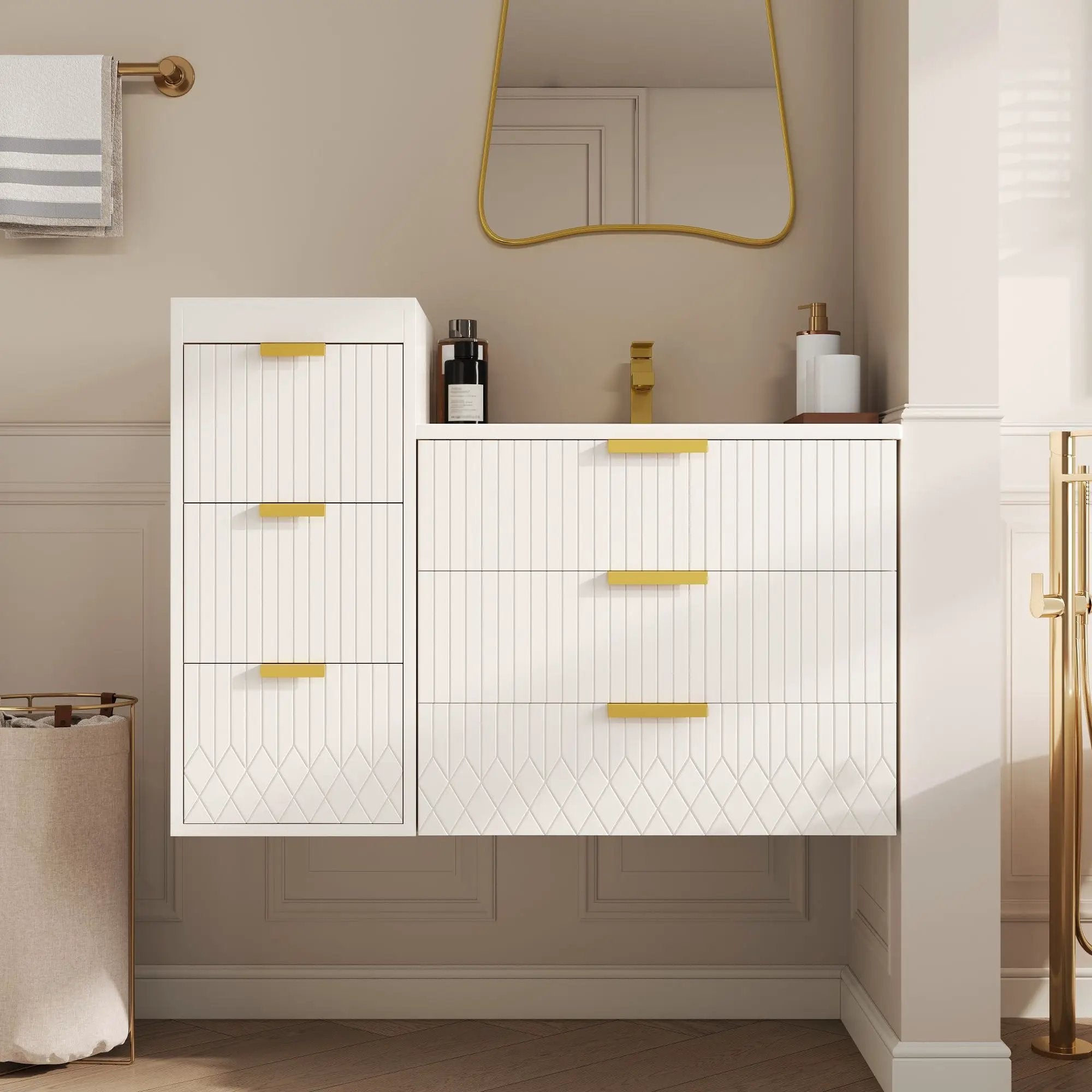 Wall Mounted Floating Cabinet With Side Cabinet Combo, Rectangular Ceramic Sink Vanity by Unique Piece Furniture