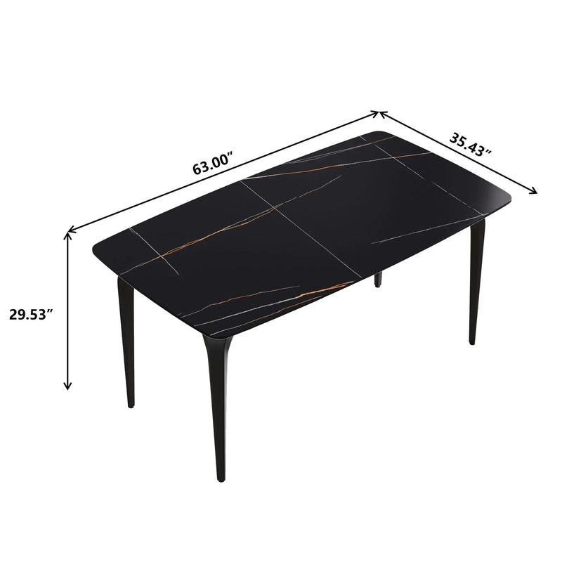 63" Artificial Stone Black Curved Black Metal Leg Dining Table, 6 People - Black by Unique Piece Furniture