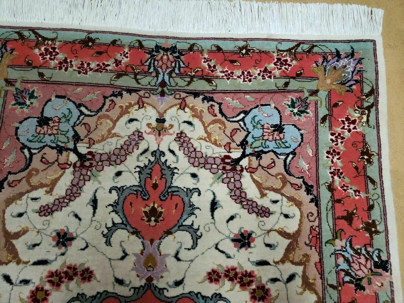 Small Vintage Persian Tabriz Wool and Silk Rug 2.5 x 4 ft, Very Finely Hand Knotted, Medallion, Ivory Salmon Light Blue, Top Quality, Pair B by Jewel Rugs