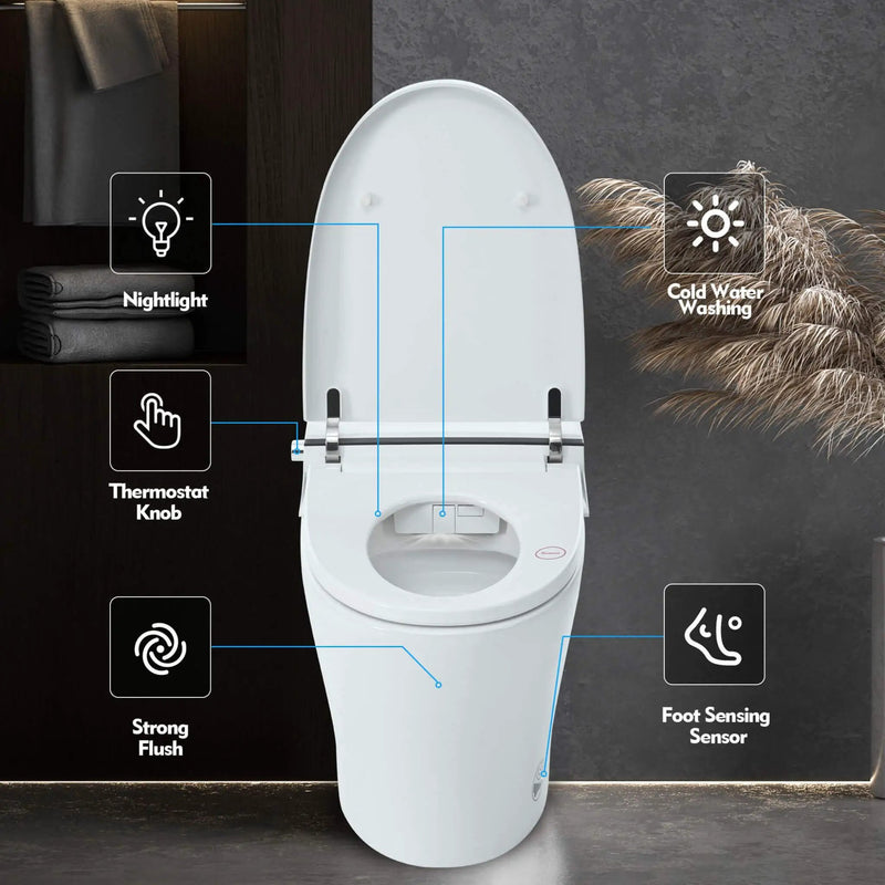 Nuvia 1/1.28 GPF Smart Compact Dual Flush Tankless Toilet Bidet Combo With Self-Cleaning Nozzle And Foot Sensor Flush (SAK58021) by SAKSBY WHOLESALE