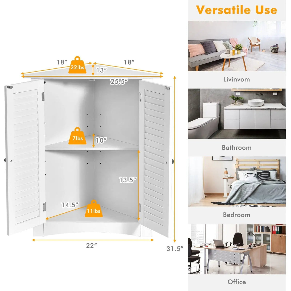 Bathroom Corner Storage Freestanding Floor Cabinet with Shutter Door, photo 10 of 24