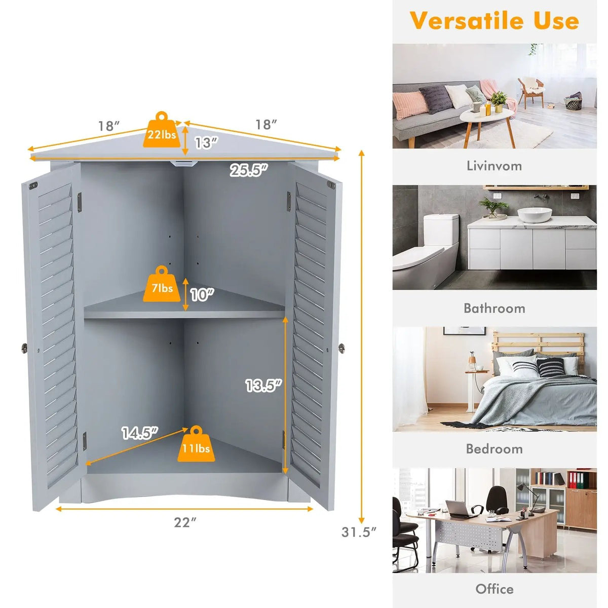 Bathroom Corner Storage Freestanding Floor Cabinet with Shutter Door, photo 11 of 24