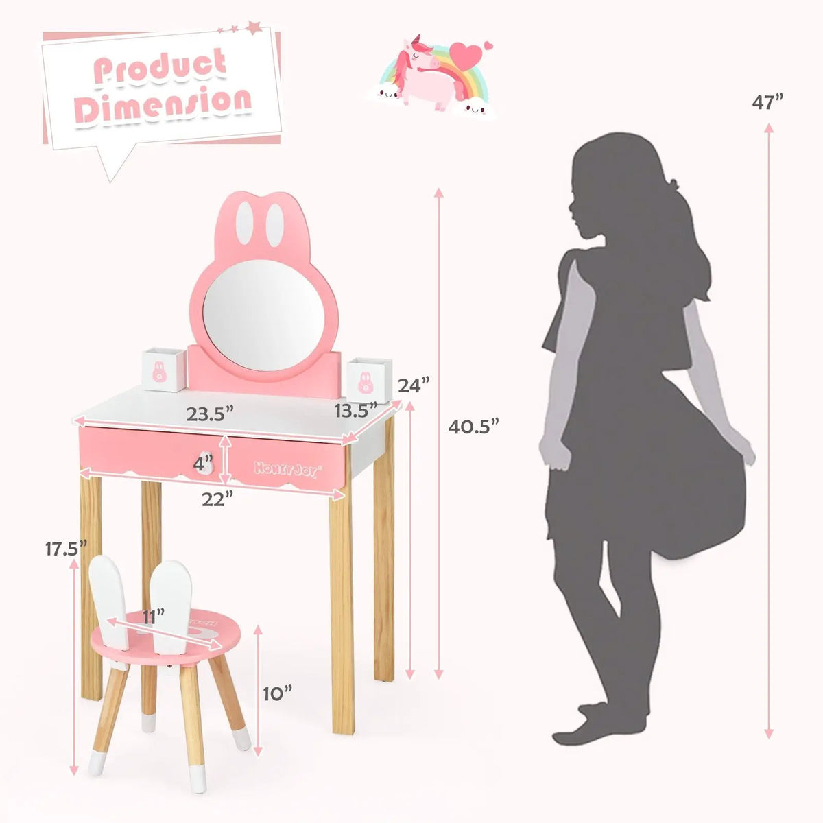 Kids Vanity Set Rabbit Makeup Dressing Table Chair Set with Mirror and Drawer, photo 4 of 9