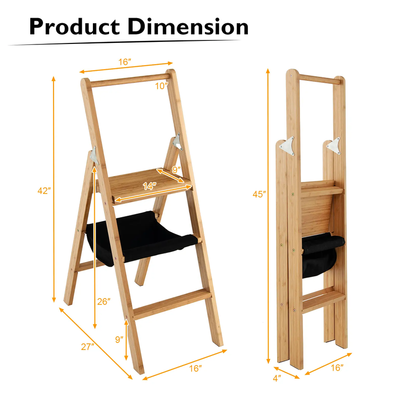 3 Step Foldable Bamboo Step Ladder Stool with Tool Storage Bag-Natural by DirectDeals