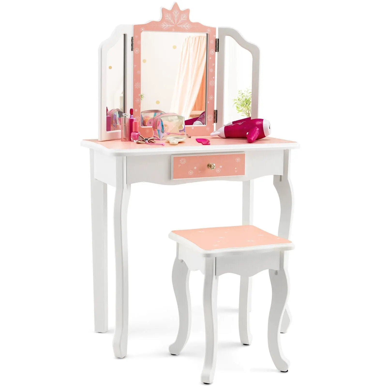 Princess Vanity Table and Chair Set with Tri-Folding Mirror and Snowflake Print-Pink by DirectDeals