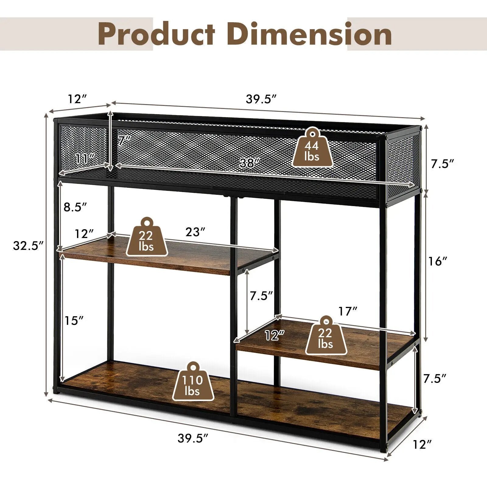 4-Tier Industrial Console Table with Wire Basket and shelf-Rustic Brown by DirectDeals