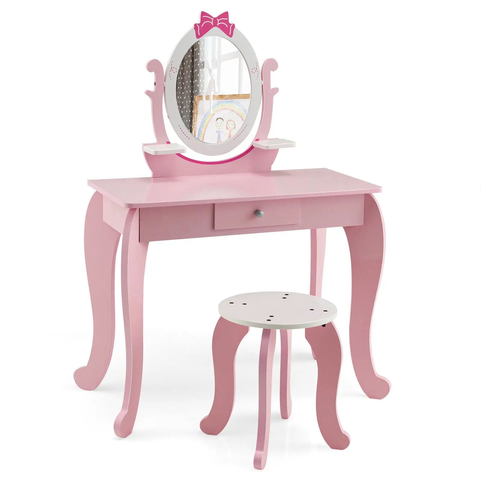 Kid Vanity Table Stool Set with Oval Rotatable Mirror-Pink by DirectDeals