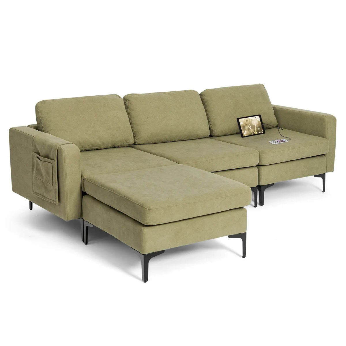 Modular 3-Seat L-shaped Sectional Sofa with Reversible Chaise and 2 USB Ports-Green, photo 2 of 12
