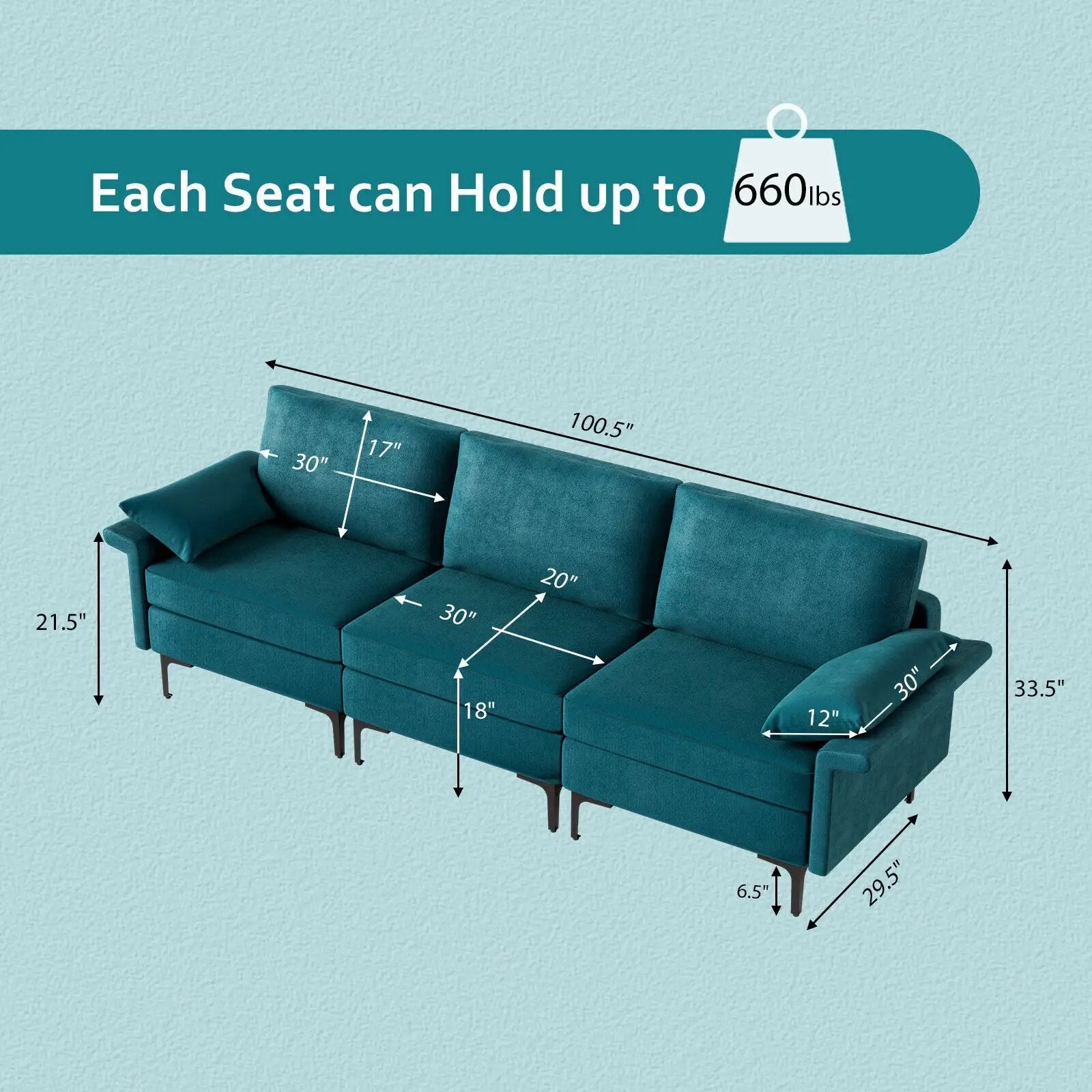 Large 3-Seat Sofa Sectional with Metal Legs for 3-4 people by DirectDeals