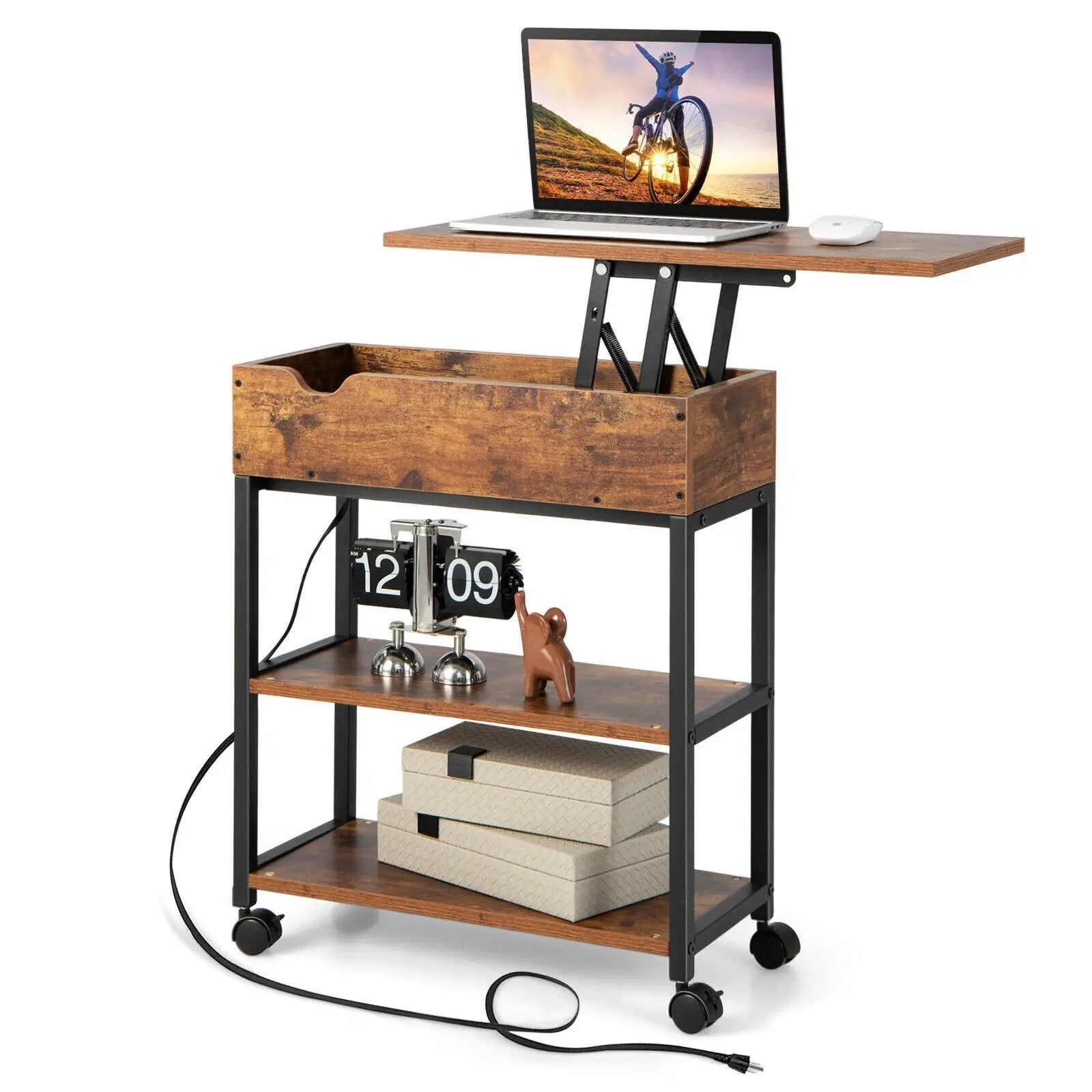 Lift Top End Table with Charging Station and Universal Wheels-Rustic Brown by DirectDeals