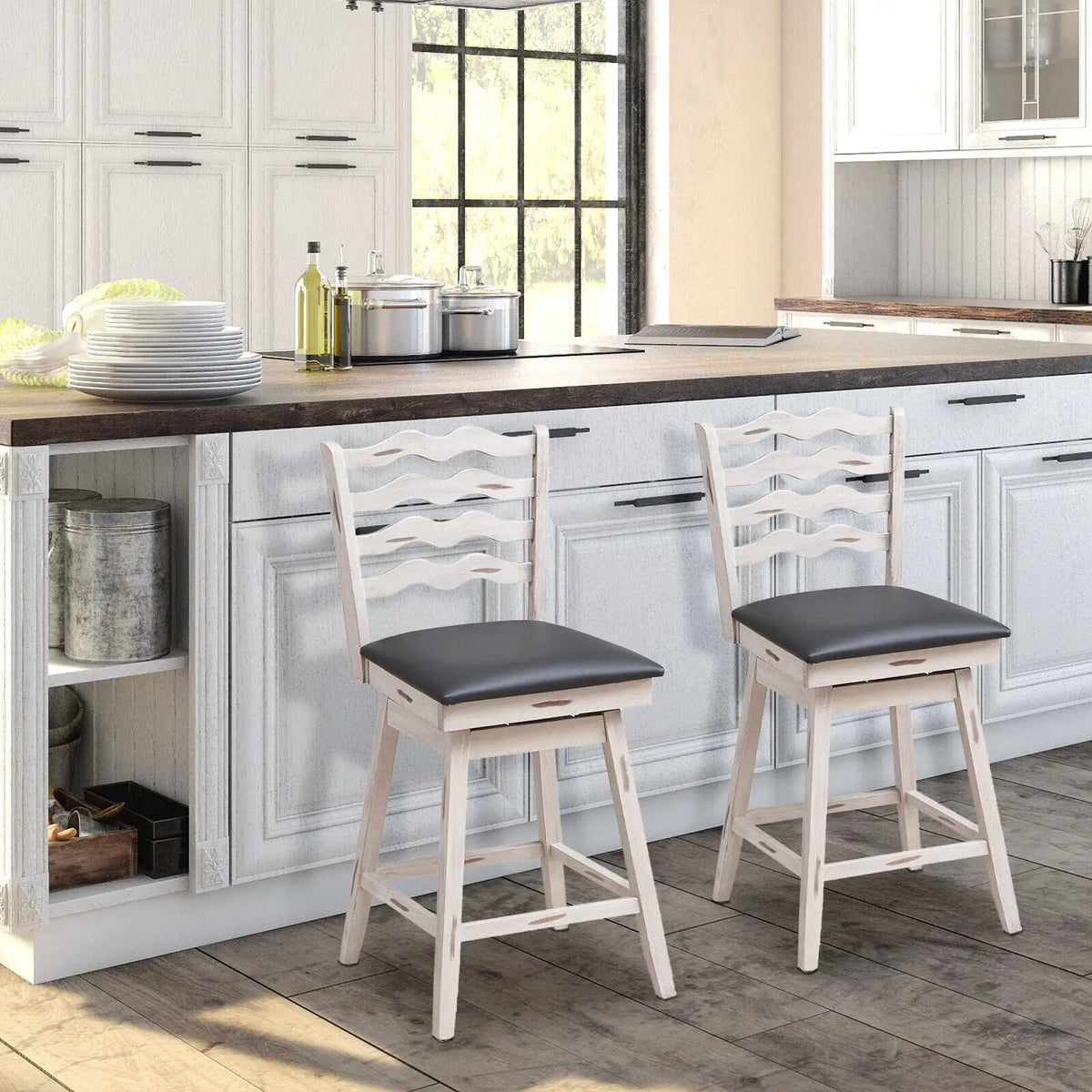 360° Swivel Bar Stools with Rubber Wood Frame and Ergonomic Backrest and Footrest, photo 2 of 9