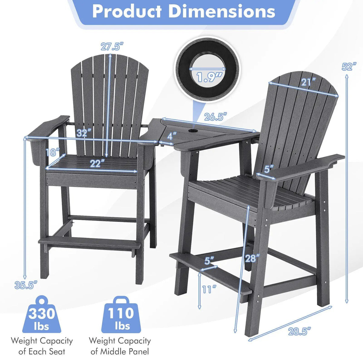 2 Pieces HDPE Tall Adirondack Chair with Middle Connecting Tray, photo 9 of 16